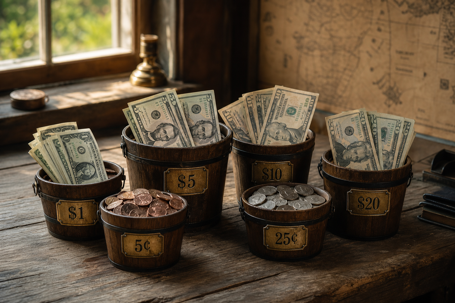 Six US Currencies in Buckets