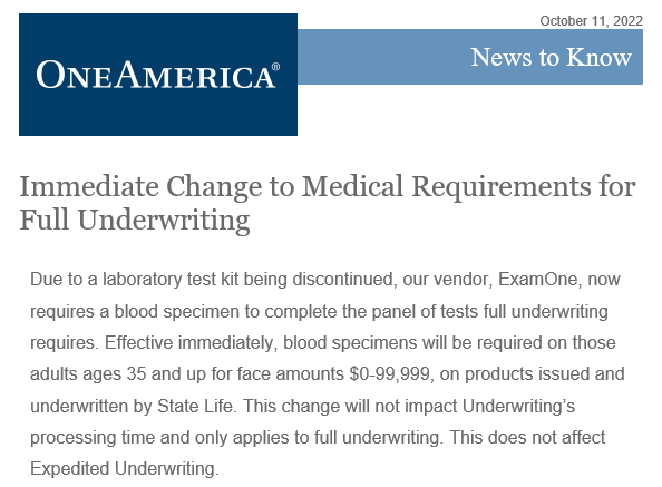 First part of OneAmerica email stating that a blood specimen will be required for adults ages 35 and up