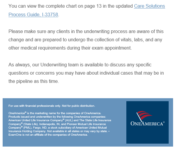 Image of an email from OneAmerica linking to the Care Solutions Process Guide, I-33758