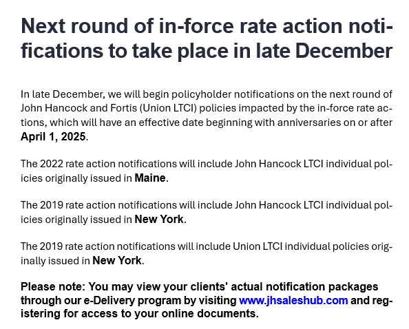 Next round of in-force rate action notifications to take place in late December