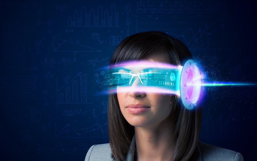 Woman from future with high tech smartphone glasses concept